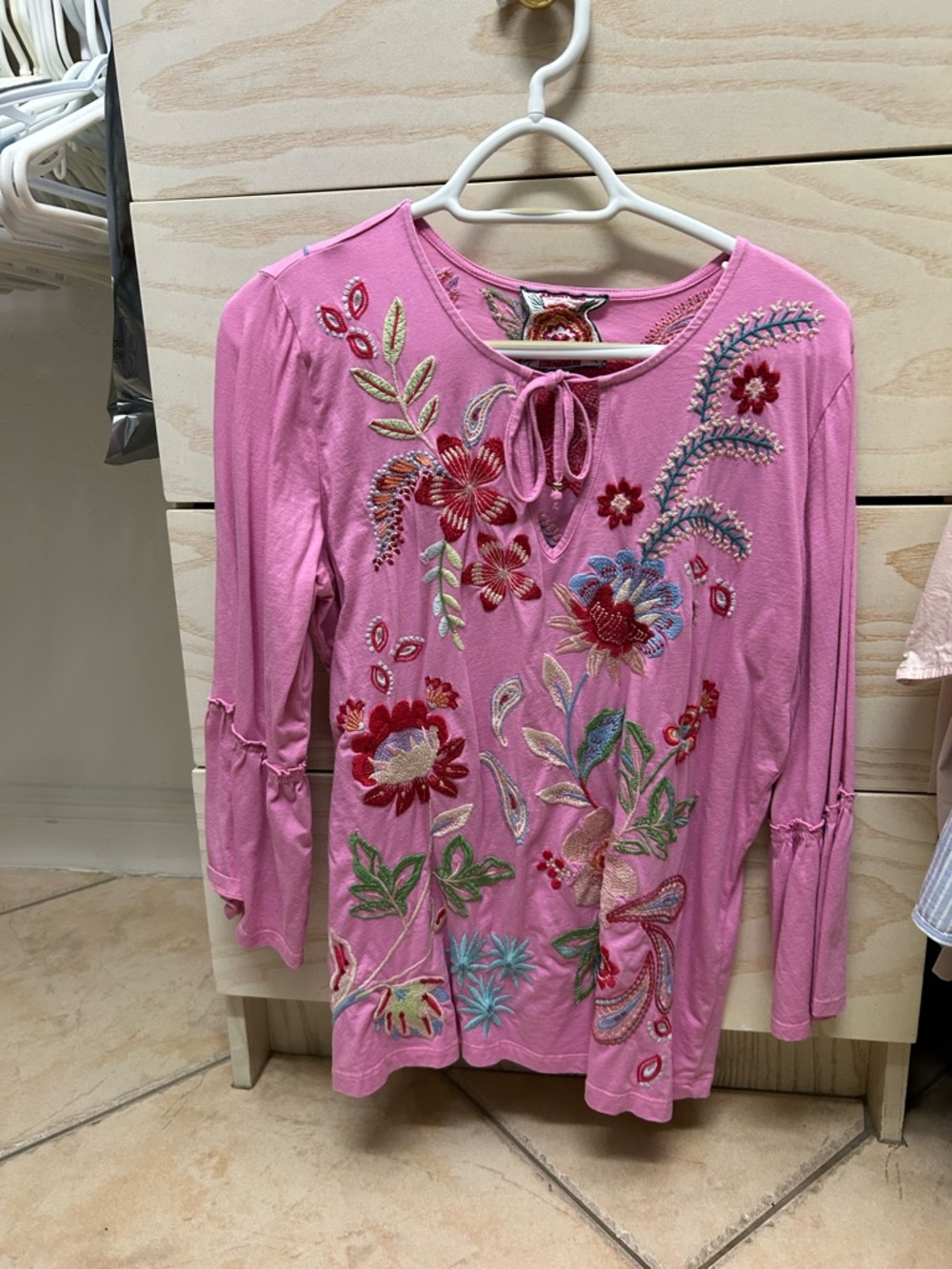 Johnny Was Pink Embroidered Floral Tie-Neck Blouse